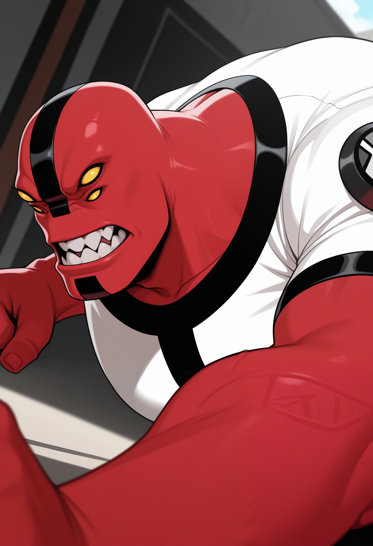 masterpiece,best quality,amazing quality, 1boy, solo, 4arms10, alien boy, white shirt, close up, side angle, attack,