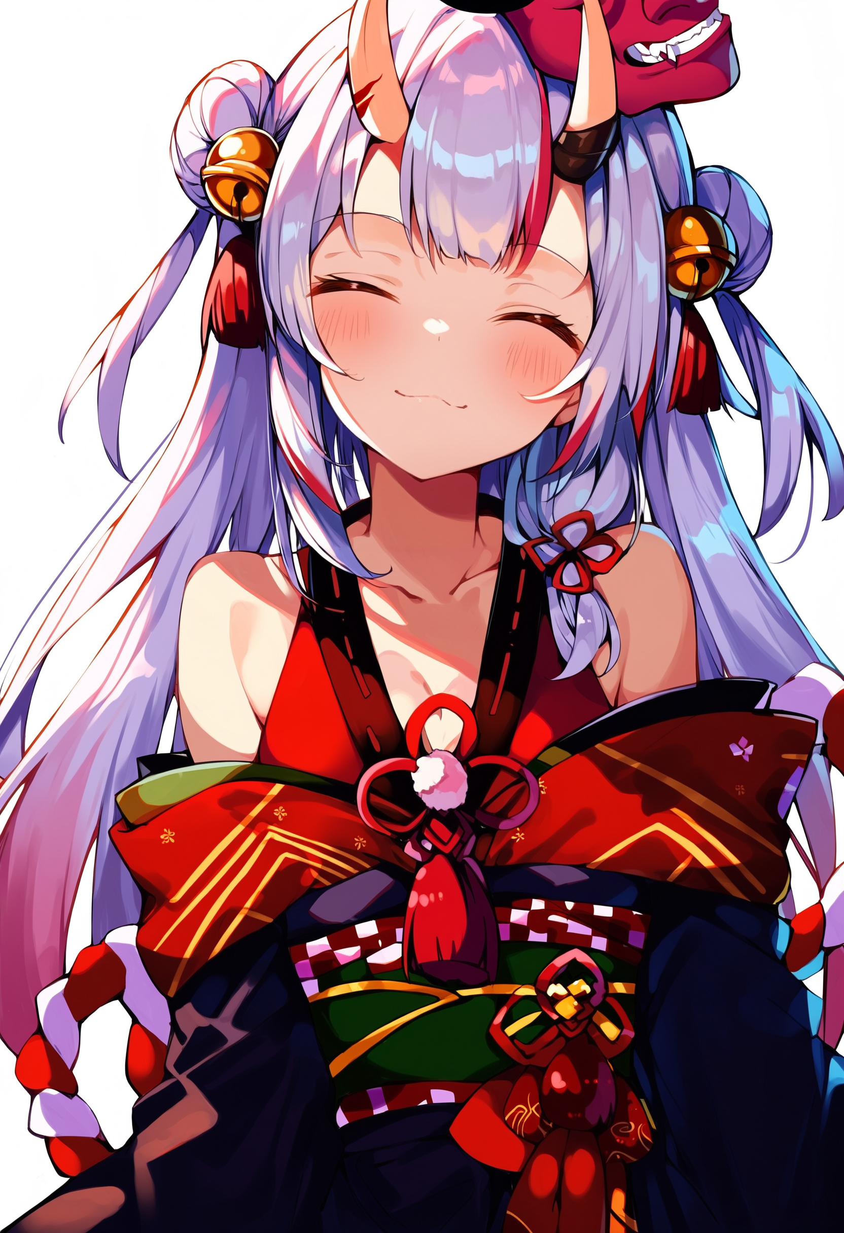 score_9, score_8_up, score_7_up, score_6_up, source anime,
nakiri ayame, nakiri ayame base, 1girl, solo, long hair, skin-covered horns, closed eyes, japanese clothes, hair bun, bell, double bun, hair ornament, hair bell, small breasts, kimono, off shoulder, white background, simple background, smile, bare shoulders, upper body, oni mask on head, sash, oni, obi, cleavage, blush, collarbone, closed mouth, tassel, facing viewer, head tilt, two side up, :3, black kimono, ^ ^
<lora:nakiri_ayame_v1:1>