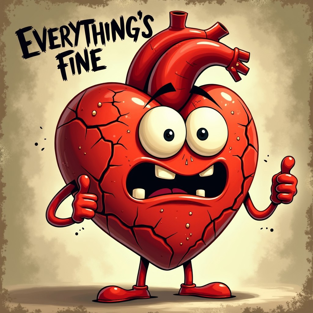 A vintage 1930s-style rubber hose cartoon heart character, exaggerated and hyper-expressive. The heart is bright red but covered in deep, jagged cracks, some faintly glowing. It has a flimsy, nervous smile, large pie-cut eyes, and slightly wobbly limbs. The character is giving two shaky thumbs-up, trying to appear cheerful. Above its head, hand-drawn, jittery vintage lettering reads "Everything’s Fine." The background features a faded, sepia-toned gradient with a subtle film grain and scratchy textures, evoking the classic Steamboat Willie and Betty Boop era. The overall animation style is fluid and bouncy, with thick outlines, simple shading, and exaggerated facial expressions. (1930s rubber hose animation, vintage cartoon aesthetic, distressed textures, film grain, soft sepia lighting, high resolution, ultra-detailed, expressive, slightly eerie yet comical).