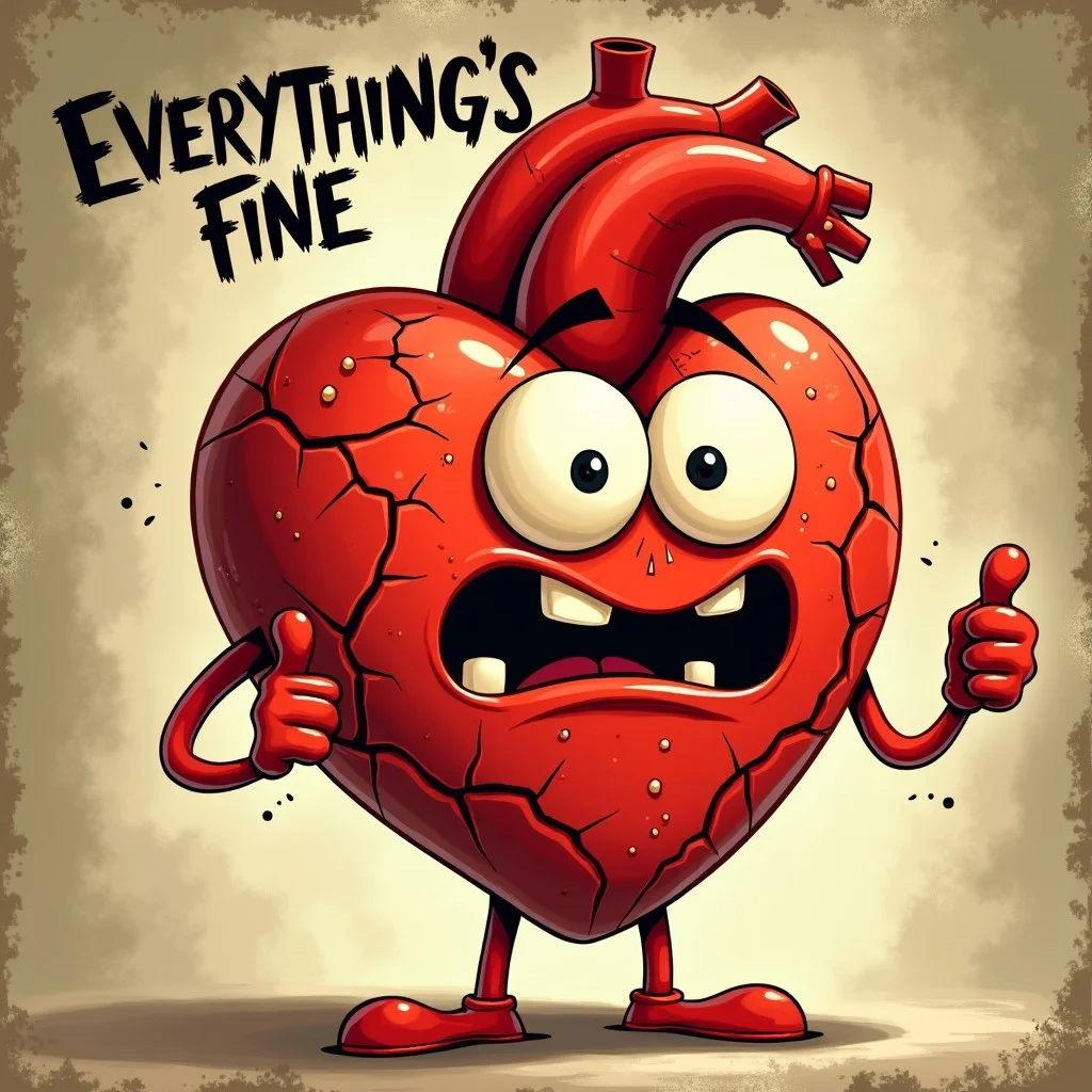 A vintage 1930s-style rubber hose cartoon heart character, exaggerated and hyper-expressive. The heart is bright red but covered in deep, jagged cracks, some faintly glowing. It has a flimsy, nervous smile, large pie-cut eyes, and slightly wobbly limbs. The character is giving two shaky thumbs-up, trying to appear cheerful. Above its head, hand-drawn, jittery vintage lettering reads "Everything’s Fine." The background features a faded, sepia-toned gradient with a subtle film grain and scratchy textures, evoking the classic Steamboat Willie and Betty Boop era. The overall animation style is fluid and bouncy, with thick outlines, simple shading, and exaggerated facial expressions. (1930s rubber hose animation, vintage cartoon aesthetic, distressed textures, film grain, soft sepia lighting, high resolution, ultra-detailed, expressive, slightly eerie yet comical).