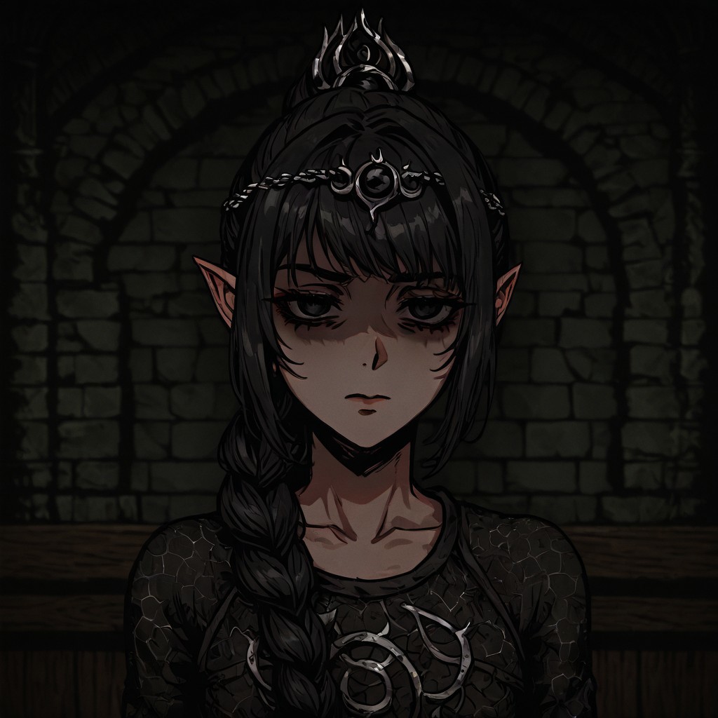masterpiece, best quality, newest, absurdres, highres,  
DDWarrens-BGV1.0, dark, indoors, 
DDstyle, official style,
black eyes, shaded eyes,
1girl, shadowheart \(baldur's gate\), long braid, elf, pointy ears, black hair, braid, side bangs,