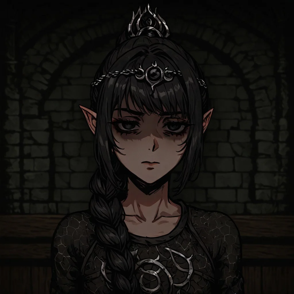 masterpiece, best quality, newest, absurdres, highres,
DDWarrens-BGV1.0, dark, indoors,
DDstyle, official style,
black eyes, shaded eyes,
1girl, shadowheart \(baldur's gate\), long braid, elf, pointy ears, black hair, braid, side bangs,
