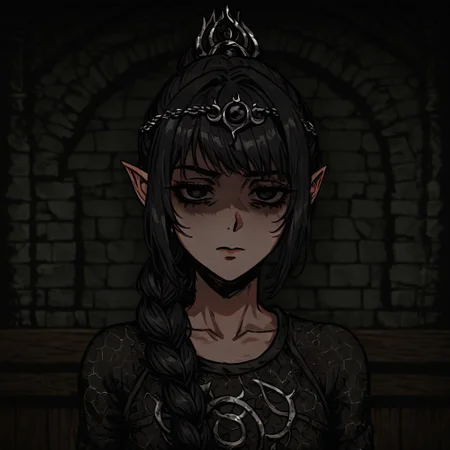 masterpiece, best quality, newest, absurdres, highres,
DDWarrens-BGV1.0, dark, indoors,
DDstyle, official style,
black eyes, shaded eyes,
1girl, shadowheart \(baldur's gate\), long braid, elf, pointy ears, black hair, braid, side bangs,