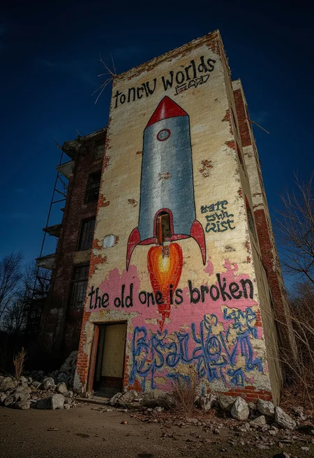 Photograph of an abandoned high-rise building against a deep night sky. The facade is decaying, with broken bricks and shattered windows, while stones have fallen from the crumbling surface. A striking, weathered graffiti of a rocket is painted on the wall, soaring upward. Though faded and peeling, the rocket still radiates a sense of aspiration, with the words 'to new worlds' written beneath it. Below, in smaller text, the message 'the old one is broken' can be seen, hinting at the state of both the building and the world it represents. The vibrant yet worn graffiti almost merges with the night sky, only distinguishable by the peeling paint and crumbling wall. Despite its decay, the scene evokes a feeling of hope and the possibility of a new beginning.