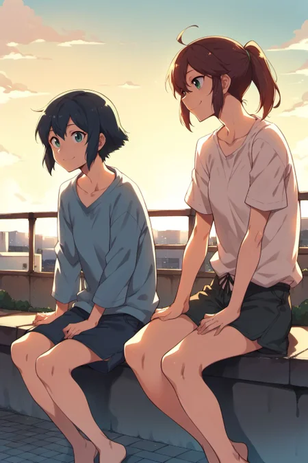 <lora:ava_choco_takemura_sessyu_style-000005:0.8>, tak3mura_s3ssyu,
2girls, sitting, rooftop, sunset, casual_clothes, smiling, friends,
score_9, score_8_up, score_7_up, score_6_up, score_5_up, score_4_up