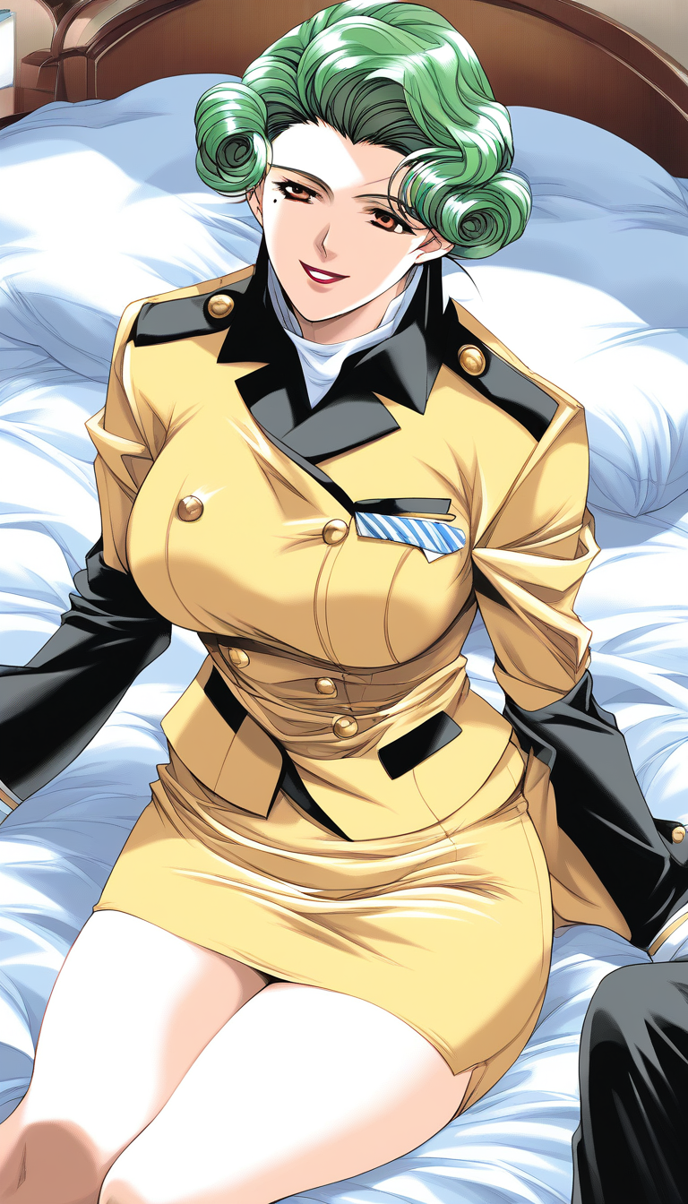 score_9, score_8_up, score_7_up, source_anime, rating_explicit, BREAK <lora:Nagashima_Sachiko_XL:1>Nagashima_Sachiko, green hair, large breasts, mole under eye, brown eyes, short hair, lipstick, curly hair,
Yellow skirt, uniform, bed, smile, sitting,