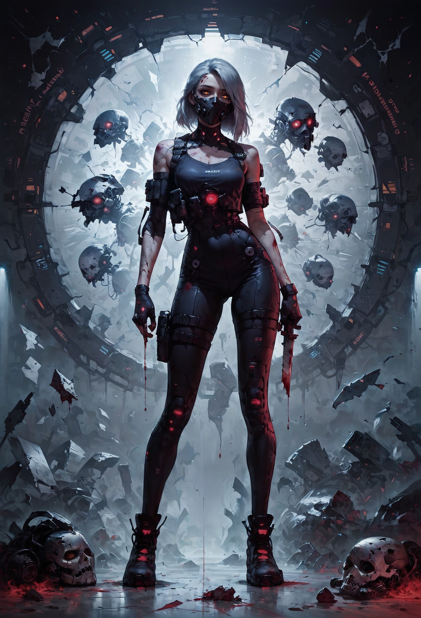 score_9, score_8_up, score_7_up,  1girl, full body, techno suit, technology, uncommon appearance, (crashed spaceship, broken spaceship on the background), gray hair, half face covered, (robotic half face, half face cyborg, cyborg), injuries, blood, (face mask, broken mask, crushed mask, broken glass), holding bloody knife, (final boss:1.2)  <lora:pony/twilight_style:0.8> concept art, realistic <lora:pony/expressiveh:0.4> expressiveh <lora:sdxl/princess_xl_v2:0.8> <lora:pony/vixon_gothic_neon_style:0.32> g0thicPXL, glowing, neon