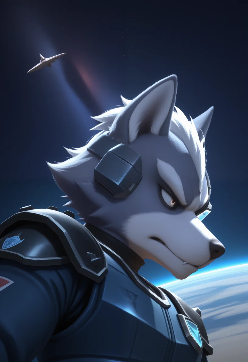 masterpiece,best quality, amazing quality, 1boy, solo, wolfSF, wolf boy, assault blue vest, assault shoulder armor, assault scouter ,close up, side angle,
space, space ship,