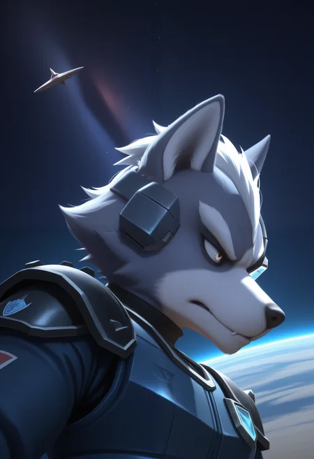 masterpiece,best quality, amazing quality, 1boy, solo, wolfSF, wolf boy, assault blue vest, assault shoulder armor, assault scouter ,close up, side angle,
space, space ship,
