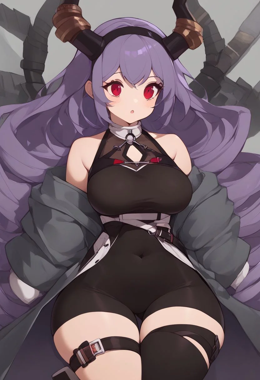 score_9, score_8_up, score_8, medium breasts, (curvy), cute, eyelashes, zzNill, BREAK, Expressiveh,
patTyphon, very long hair, purple hair, sidelocks, drill hair, twin drills, red eyes, black hairband, horns, open coat, grey coat, long sleeves, sleeveless shirt, black shirt, clothing cutout, bare shoulders, belt, buckle, covered navel, black leotard, black shorts, thigh strap, thigh belt, asymmetrical legwear, single thighhigh, black thighhighs, socks, grey footwear,
wide hips, narrow waist,