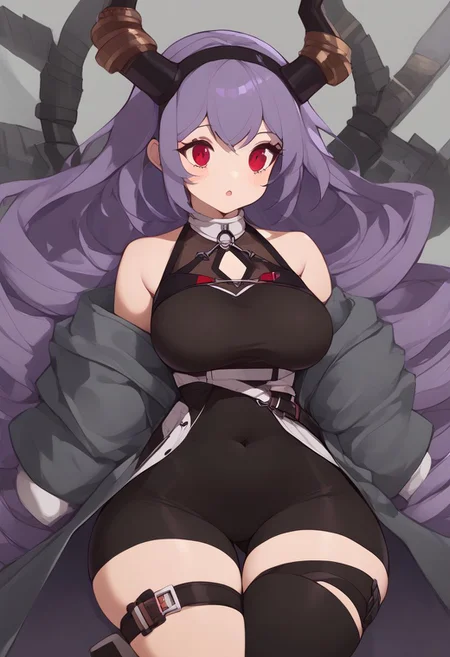 score_9, score_8_up, score_8, medium breasts, (curvy), cute, eyelashes,  zzNill, BREAK, Expressiveh, 
patTyphon, very long hair, purple hair, sidelocks, drill hair, twin drills, red eyes,  black hairband, horns, open coat, grey coat, long sleeves, sleeveless shirt, black shirt, clothing cutout, bare shoulders, belt, buckle, covered navel, black leotard, black shorts, thigh strap, thigh belt, asymmetrical legwear, single thighhigh, black thighhighs, socks, grey footwear,
wide hips, narrow waist,