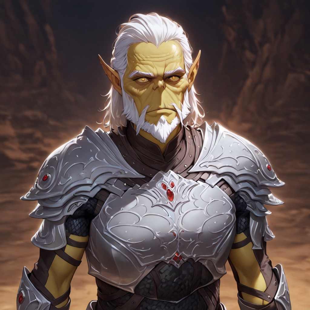 masterpiece, best quality, newest, absurdres, highres, anime, anime style, GIV1.0-IL GIV1.0-IL-SA, armor, silver armor, GIV1.0-IL, gith_(d&d), pointy ears, slit pupils, colored skin, 1boy, beard, facial hair, white hair, old, old man, wrinkly,