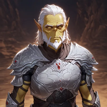 masterpiece, best quality, newest, absurdres, highres, anime, anime style, GIV1.0-IL GIV1.0-IL-SA, armor, silver armor, GIV1.0-IL, gith_(d&d), pointy ears, slit pupils, colored skin, 1boy, beard, facial hair, white hair, old, old man, wrinkly,