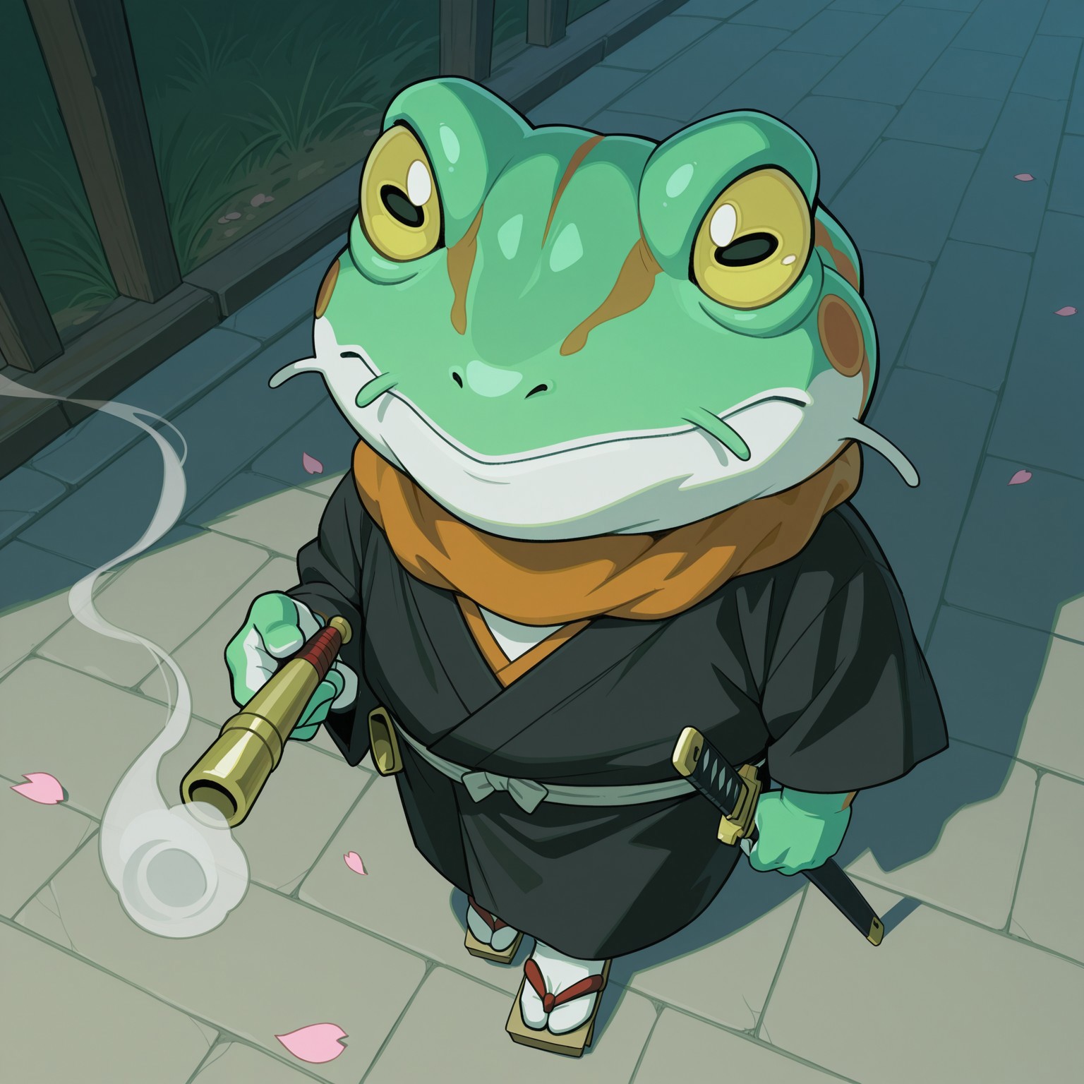 2d, solo, male, CTFrog, Frog, anthro, yellow sclera, black pupils, horizontal pupils, green skin, white skin, brown skin, multicolored body, Japanese clothing, black kimono, orange inner shirt, katana, geta sandals, 

BREAK best quality, amazing quality, very aesthetic, absurdres, newest, masterpiece, walking, from above, holding smoke pipe, smoke, outside, outdoors, Sakura petals