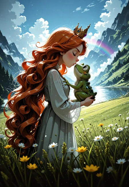 1girl, solo, princess, grumpy, crown, ginger hair, very long hair, curly hair, holding, holding frog, frog prince, imminent kiss, animal focus, general, meadow, outdoors, lakeside, mountains, blue sky, cloudy sky, rain, sunshine, rainbow,  from side, depth of field, photo \(medium\), scenery, volumetric lighting, masterpiece, best quality, good quality, very awa, very aesthetic, absurdres, newest, opill