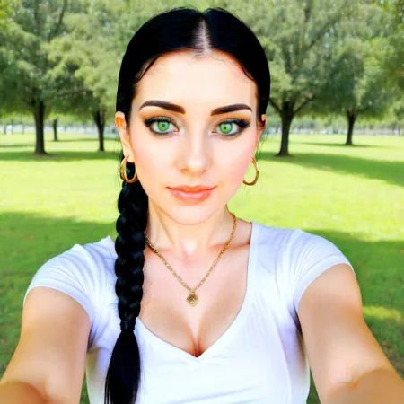 earrings, t-shirt, makeup, black hair in a ponytail braid, green eyes, outdoors, necklace, white dress, brown eyes, breasts