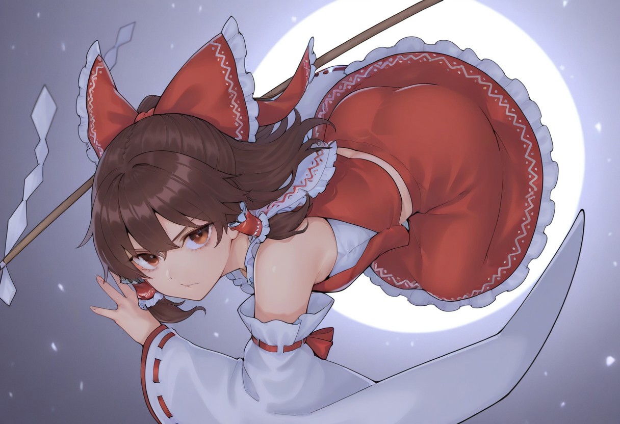 best quality, high quality, hires, 
1girl, solo, hakurei reimu, dynamic pose, looking at viewer,