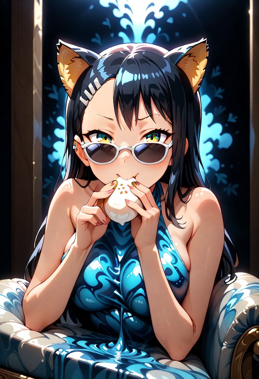Liquid Marble, made Liquid Marble, 1girl, adult, milf, solo, Nagatoro_Hayase, hair ornament, hair cat ears, bare shoulders,  upper body, looking at viewer, eating pepero, looking over eyewear, cosplay, sunglasses, chaise longue, indoors, sidelighting, dark, masterpiece, best quality, very aesthetic, absurdres, dynamic angle, dynamic pose, <lora:GeekyXL_Liquid_Marble:0.9>