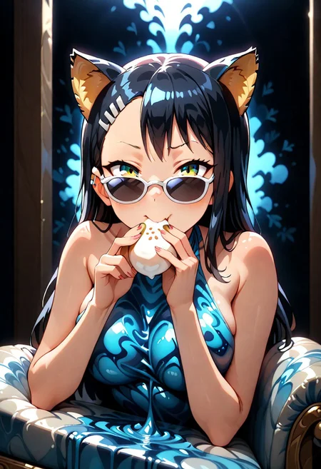 Liquid Marble, made Liquid Marble, 1girl, adult, milf, solo, Nagatoro_Hayase, hair ornament, hair cat ears, bare shoulders,  upper body, looking at viewer, eating pepero, looking over eyewear, cosplay, sunglasses, chaise longue, indoors, sidelighting, dark, masterpiece, best quality, very aesthetic, absurdres, dynamic angle, dynamic pose, <lora:GeekyXL_Liquid_Marble:0.9>