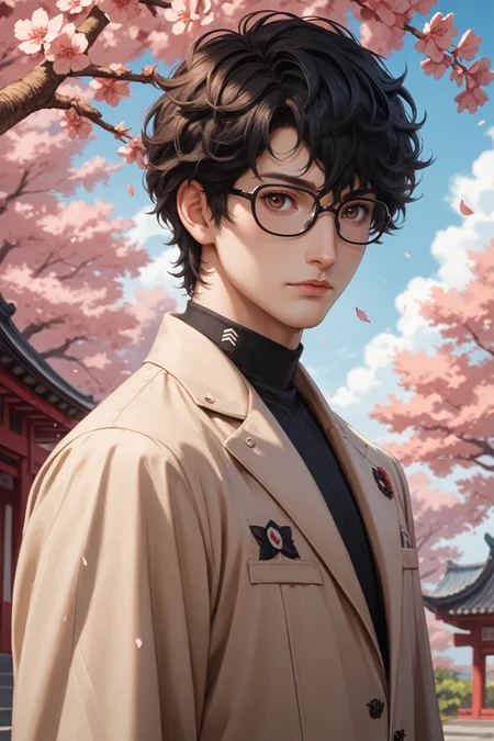 score_9, score_8_up, score_7_up, score_6_up
<lora:P5Ren:0.8>
P5Ren, 1boy, black hair, wavy hair, brown eyes, short hair, glasses, looking at viewer, Beneath a cherry blossom tree in bloom, modern suit with a hint of traditional influence, Stoic expression, cowboy shot