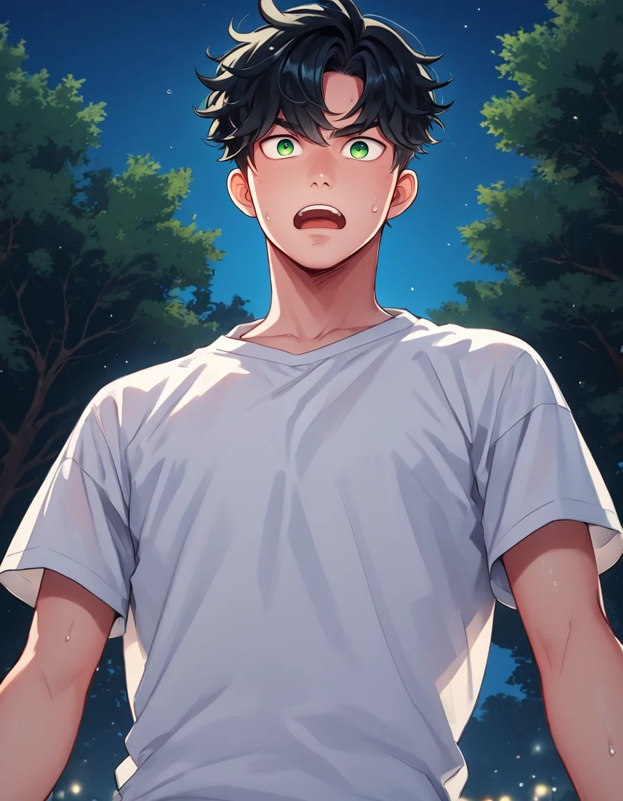 score_9, score_8_up, score_7_up,
source_anime,
solo, male, human, tree, clothing, shirt, clothed, hair, sweat, fur, green eyes, outside, night, t-shirt, anthro, open mouth, looking at viewer, mammal, black hair, hi res, white shirt, bodily fluids, white topwear, topwear,
 <lora:Juder_Art_Style:0.8>