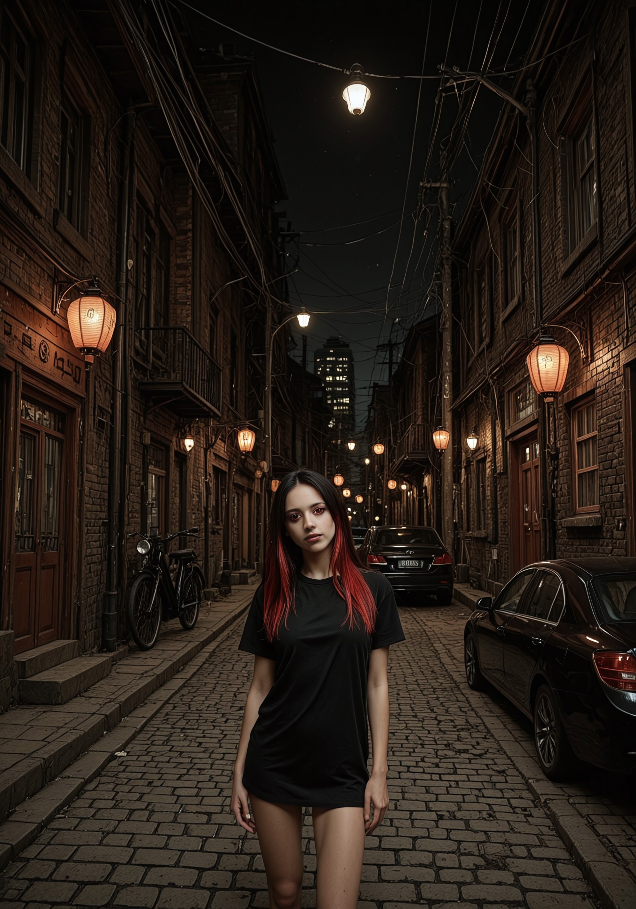 (((ultra detailed, masterpiece, high quality,  )))
, 
((( Nicialmb2, outdoors, scenery, building, night, dark, road, street, alley, city,))
,
((( Window, lamppost, lantern, ground vehicle, motor vehicle, car, power lines, )))
,
((( Adatelmb2, Red eyes, two-tone hair, Shirt, black shirt,  Multicolored hair, black hair, red hair, red streaks,)))
,
((( 1girl, solo, posing, head tilt)))
,
((( )))
,
((( )))
,
((( )))