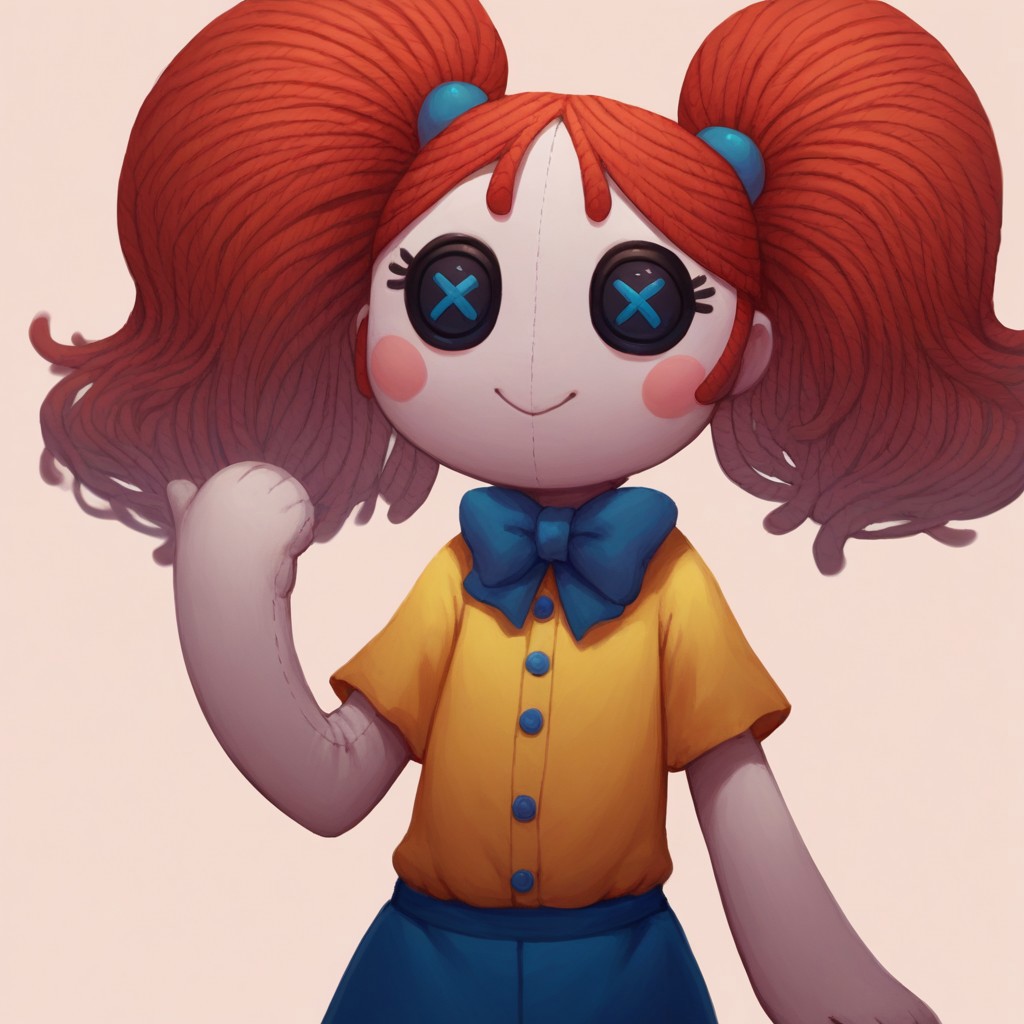Score_9, score_8_up, score_7_up, Rubilocks, red hair, twintails, button eyes, blue eyes, doll
