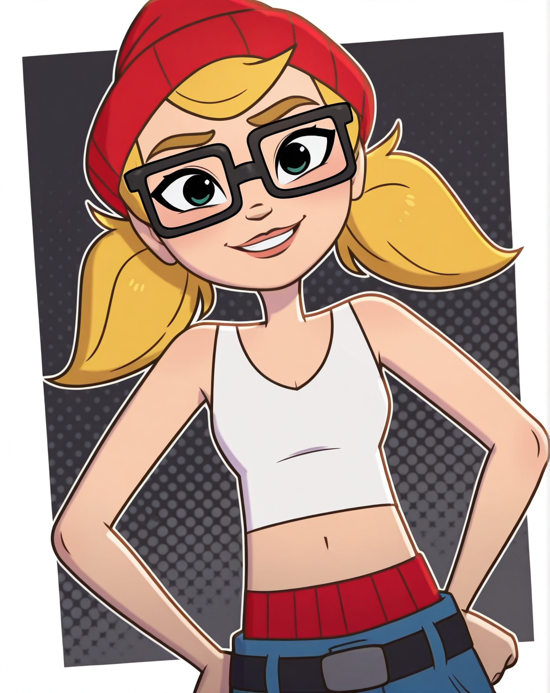 Tricky, 1girl, solo, light skin, green eyes, blonde hair, pigtails, black square glasses, red beanie, white crop tank top, midriff, red underwear, black belt, light-blue jeans, sneakers, (smile, dutch angle, Hands on hips, naughty pose, looking at viewer, solo, dynamic pose, head tilt,),(( dynamic halftone dot background, stylized background, White frame, Square frame, white outline))