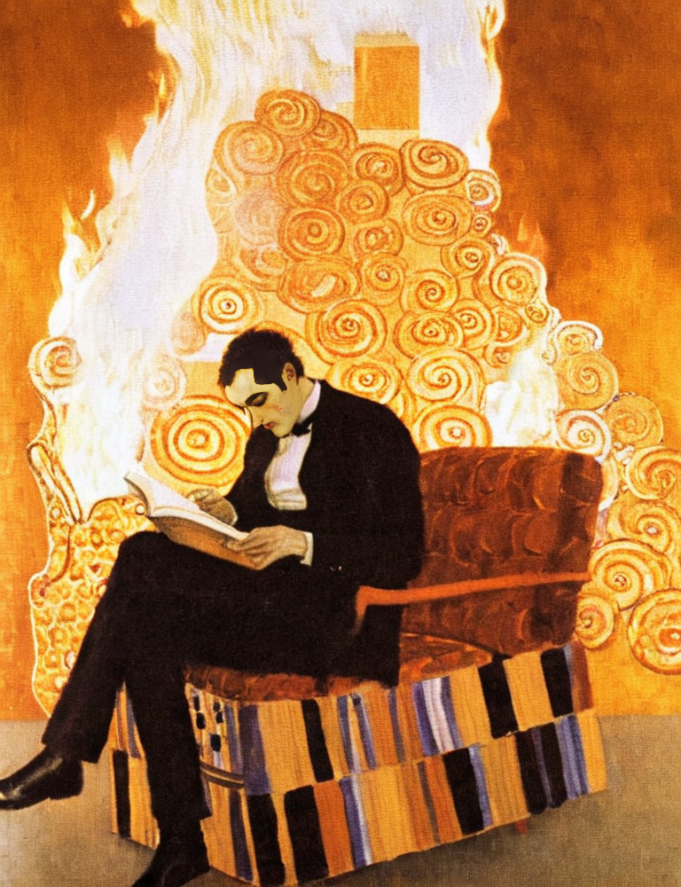 a man is on fire, sitting in a chair reading a book, <lora:Gustav_Klimt_XL_kk:1> klimt