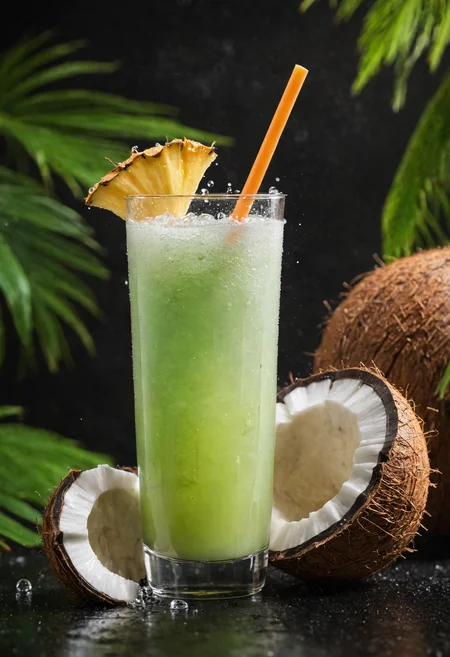 refreshing, vibrant glowing coconut juice drink,dew drops,refreshing  , in the style of a product hero shot in motion, dynamic magazine ad image, photorealism, sleep and mystical elements around the background