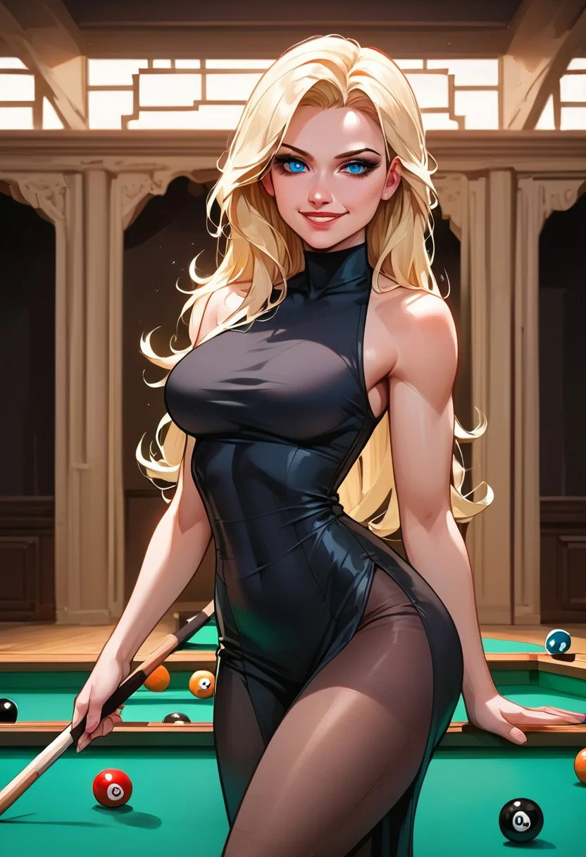 masterpiece, amazing quality, best quality, blue eyes, beautiful nice blonde girl, b-size breasts, seductive smile, 24y, s3x6_t1gh_bl4ck_dr3ss , black dress, cowboy shot, plays billiard, looking at viewer, w3stc0m1cs, J1mL33
