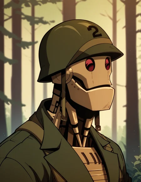 humanoid robot, portrait, helmet, war clothes, dark forest, red eyes <lora:GI.ROBOT:1> gi.robot <lora:The_Polly_mix_Style_-_by_IkariRH:0.2> pollystylemix, score_9, score_8_up, score_7_up, score_6_up, 2d, digital art, masterpiece <lora:Expressive_H:0.4> expressiveh <lora:princess_xl_v2:0.3> <lora:g0th1c2XLP:0.3> g0th1c
