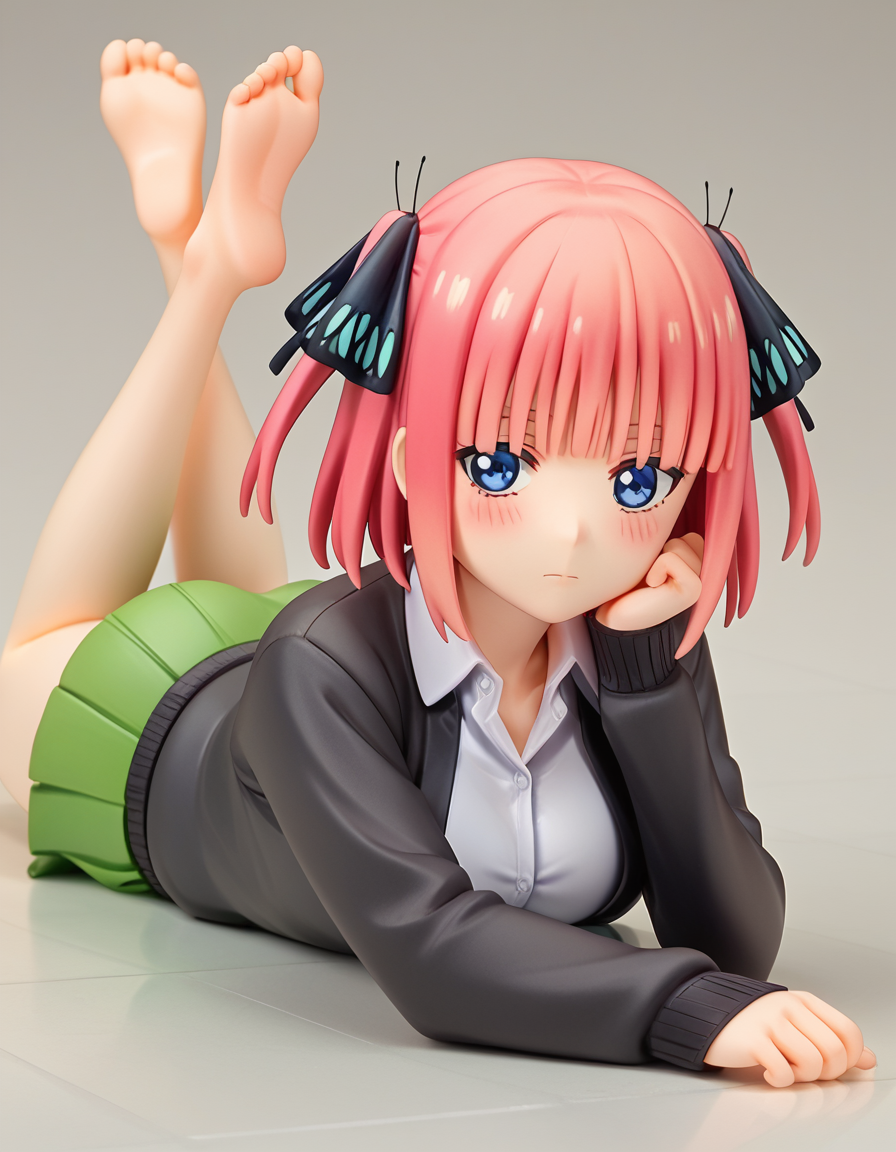 score_9, score_8_up, score_7_up, source_anime,
ninonakano, <lora:nino-nakano-s2-ponyxl-lora-nochekaiser:0.5>, 
nino nakano, short hair, bangs, blue eyes, hair ornament, hair ribbon, pink hair, blunt bangs, two side up, butterfly hair ornament, mature female,
skirt, shirt, long sleeves, white shirt, pleated skirt, open clothes, collared shirt, sleeves past wrists, dress shirt, cardigan, green skirt, open cardigan, black cardigan,
<lora:alter-figurines-ponyxl-lora-nochekaiser:1>, alter figurine, 1girl, blush, solo, <lora:the-pose-ponyxl-lora-nochekaiser:0.5>, the pose, on stomach, feet up, lying, soles, feet, legs up, head rest, barefoot, ass,