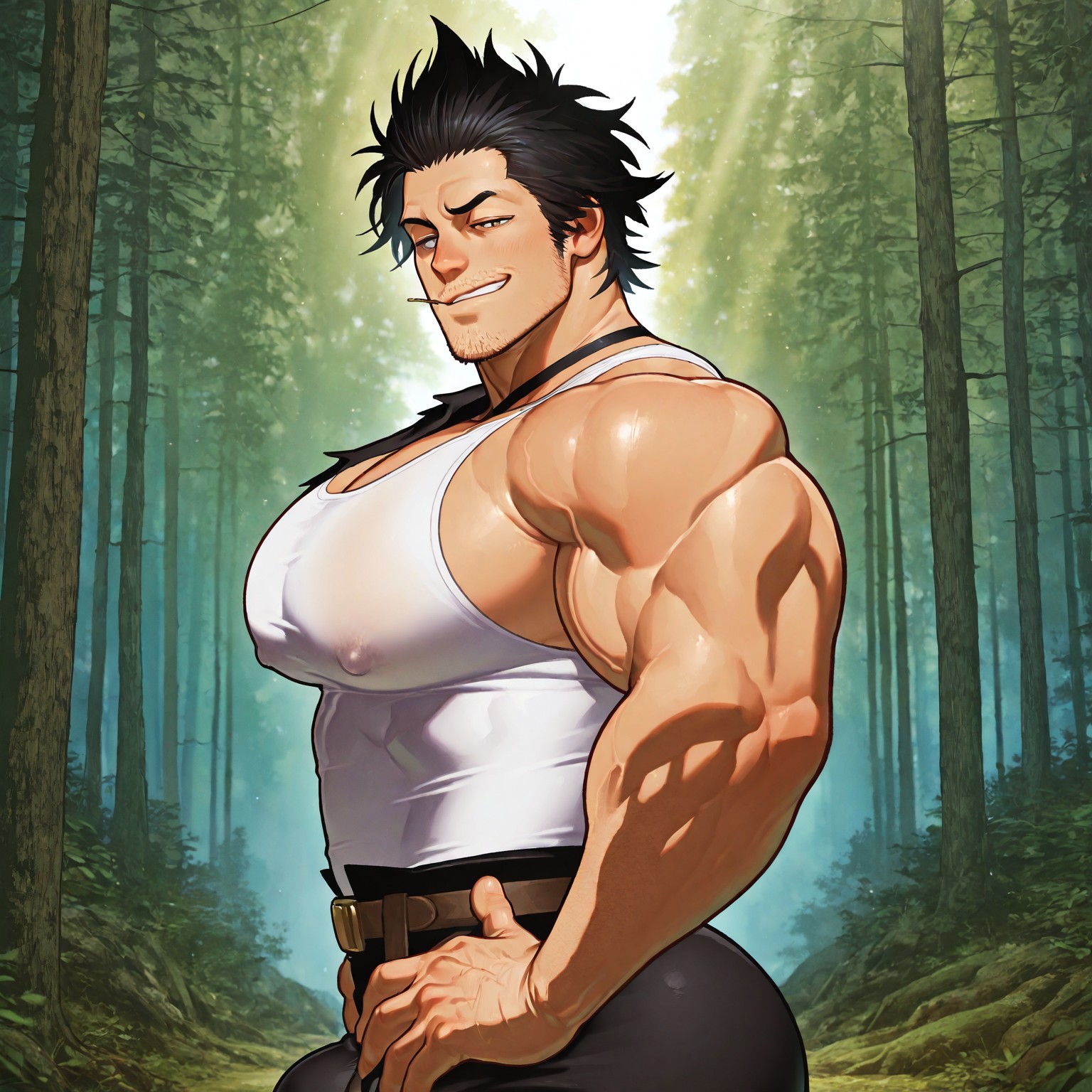 masterpiece, best quality, absurdres, newest, perfect quality, best quality, absolutely eye-catching, detailed background, intricate details, bara, 1boy, male, male focus, solo, mature, black hair, short hair, spiky hair, forehead, stubble, facial hair, white tank top, black trousers, belt, belts, cape over shoulder, bara, muscular, large pectorals, large biceps looking at viewer, side view, cowboy shot, upper body, hands on hips, smirk, forest scenery, sunlight, very awa, best quality, absurdres, newest, perfect quality, detailed background, intricate details, (artist:rokudenashi:0.8), (artist:dizdoodz:0.7), (artist:gomtang:0.6)