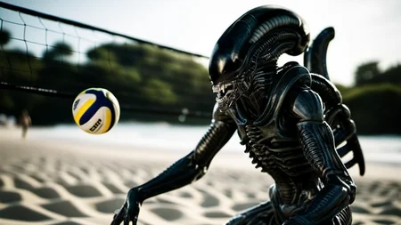 Xenomorph1024, an alien play beachvolleyball, highly detailed, photography, ultra sharp, film, bokeh, professional, 4k <lora:Xenomorph1024:0.8>