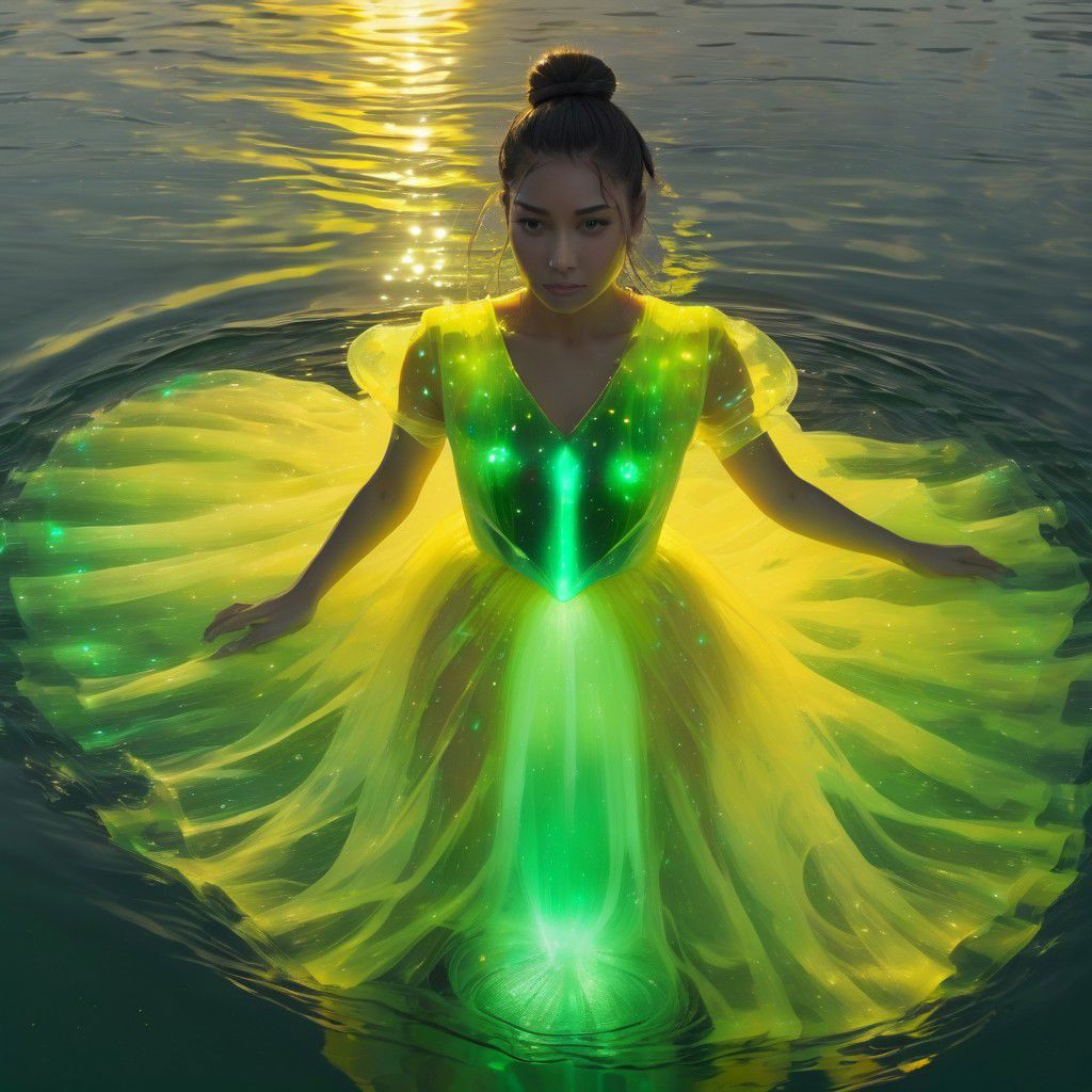 a fully clothed woman with a yellow and green bioluminescent dress in water