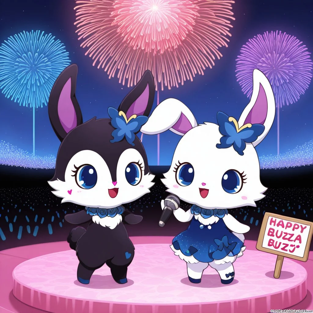 best quality, masterpiece, Full Body, Romantic, Small, Body, Furry, BREAK, rubyjp, no humans, 1girl, rabbit, chibi, furry, hair ornament, necklace, jewelry, chest fur, white fur, BREAK, 1girl, luea, feral, solo, blue eyes, rabbit, furry, rabbit ears, black fur, purple inner ear, white chest fur, white face, chibi, body fur, (blue butterfly hair ornament), (blue rose necklace), on stage, fireworks, singing, microphone, Fancy sparkling blue dress, buzz music, sign, sign written buzz music, the sign said buzz music, text say buzz music, duo, duo girls, pose, posing
