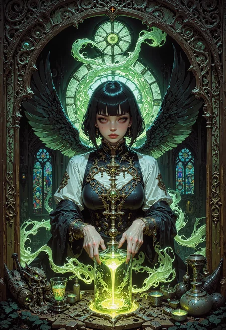 masterpiece, high-quality, gothic art nouveau crossover, A pale, sharp-featured alchemist mixes glowing potions in an intricately carved wooden alcove. Her short, ink-black hair frames solemn eyes that flicker with eerie green highlights. Graceful art nouveau lines form twisted vines and stylized wing motifs around her workspace, while gothic arches loom in the background, their stained-glass insets casting moody shafts of color. Each potion bubble and swirling arc of smoke is rendered in hyperdetailed fluid shapes, contrasting the ornate tracery etched into every panel and column. The effect is an opulent fusion of romantic darkness and flowing natural elegance, as though the entire scene breathes a secret, alchemical life, <lora:FLUX\Anime v1.3:0.5> <lora:FLUX\MoriiMee_Gothic_Niji_Style_FLUX:0.6> <lora:FLUX\CPA:0.5> <lora:FLUX\DarksunRiddV4:0.5> <lora:FLUX\FluxMythAn1meL1nes:0.6>