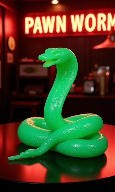 jade_snake, shebaaobao, neouv, cartoon snake made out of glowing illuminated iridescent jade ready to bite somebody on the counter of a pawn shop in New York City <lora:jadesnakeflux-000001.safetensors:1.0> <lora:shebaobao_flux_snake_Cartoon_v2.safetensors:0.3> <lora:neouv_flux_03.safetensors:1.0>