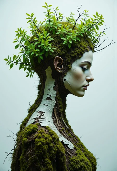 rootform, a pristine white birch tree Woman with billowing Hair Made of branches with Green leafs and an lower Body Made of roots coming from the ground, Mossy birch Forest, intricate black and White birch bark