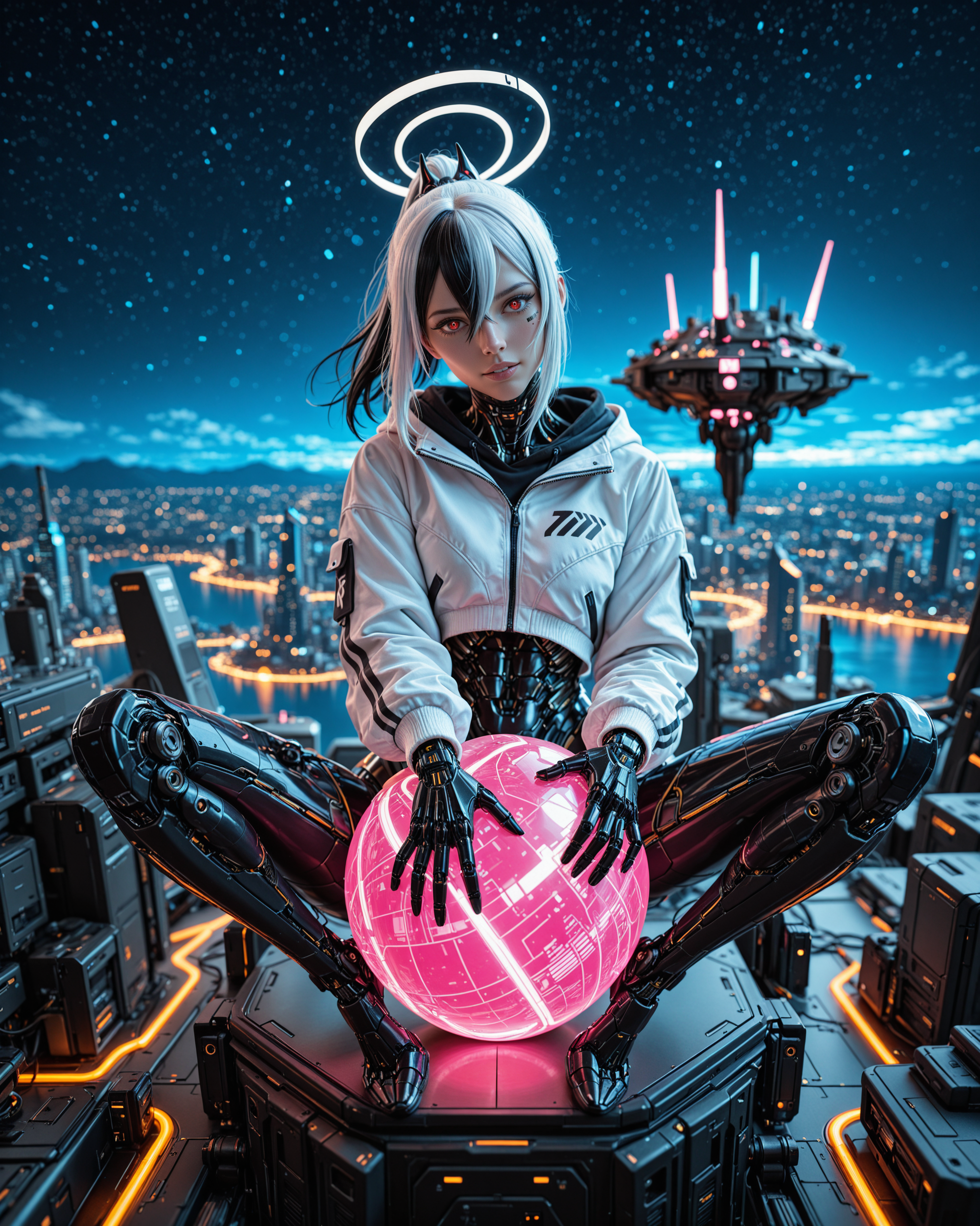 masterpiece, best quality, good quality, very aesthetic, absurdres, newest, 8K, film grain, photorealistic, neon glow, (floating island, starry sky:0.9), angular, sleek, scenery, futuristic, science fiction, cyberpunk, aidmaFLuxPro1.1, aidmaImageUpgrader BREAK young 1girl, [(kayoko_\(blue_archive\):0.99):(kayoko_\(blue_archive\):0.6):0.5], cyborg, robot girl, mechanical body, open cropped jacket, white jacket, parted lips, (light smile:0.7), white halo, head tilt, (sitting:0.4), (holding ball:0.7), (dynamic pose:1.0), barcode tattoo, streaked hair, white hair, black ponytail, (horns:0.9), hair between eyes, red eyes, white pupils, glamour <lora:aidmaFLuxPro1.1-IL-v0.3:0.3> <lora:- iLL - the_edgy_mech_V3.0:0.4> <lora:aidmaImageUpgrader-v0.3-IL:0.3> <lora:aidmaMJ6.1_v0.5_IL:0.15> <lora:Mechanism-Illustious:0.4> <lora:RealisticIL-000001:0.1>