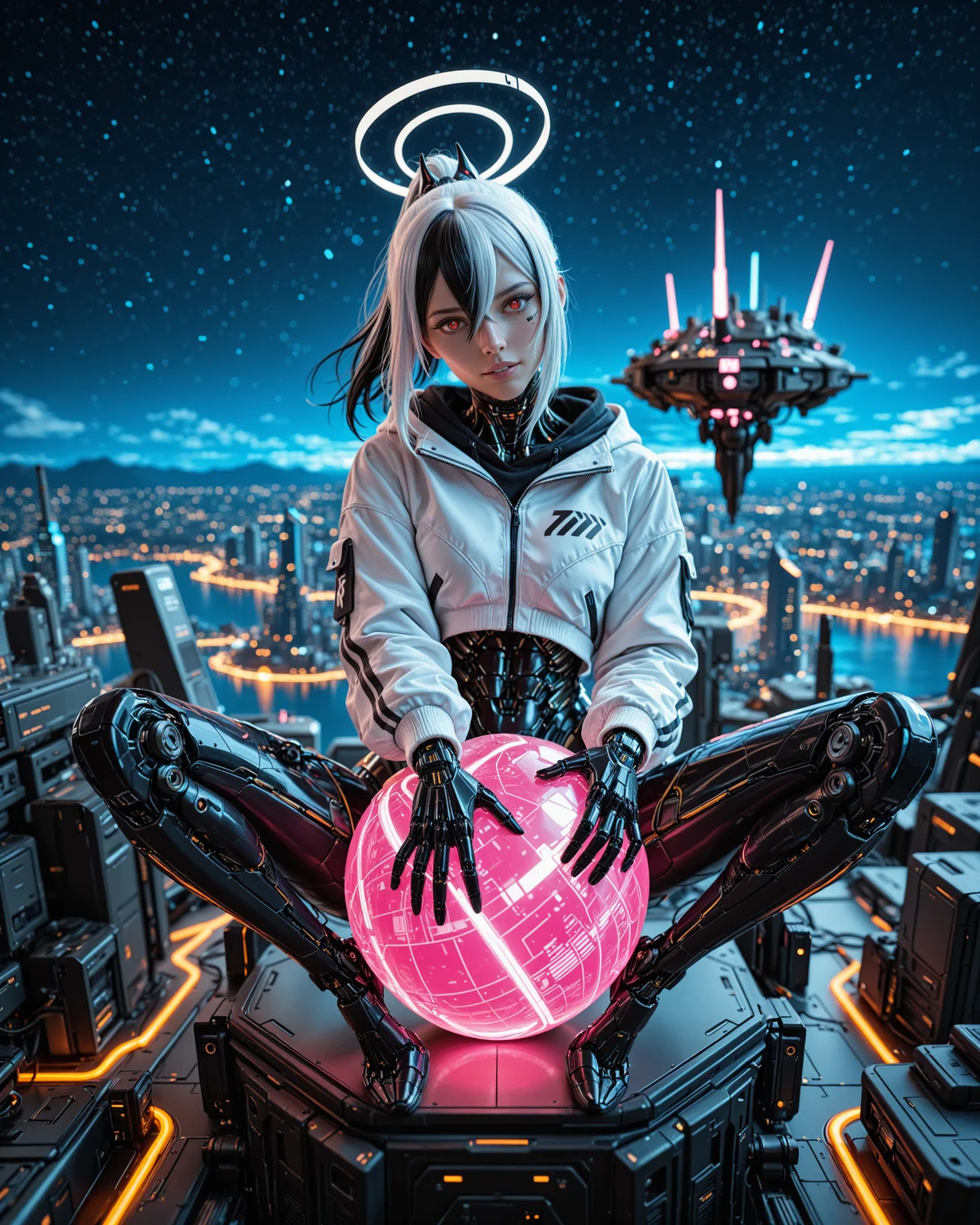 masterpiece, best quality, good quality, very aesthetic, absurdres, newest, 8K, film grain, photorealistic, neon glow, (floating island, starry sky:0.9), angular, sleek, scenery, futuristic, science fiction, cyberpunk, aidmaFLuxPro1.1, aidmaImageUpgrader BREAK young 1girl, [(kayoko_\(blue_archive\):0.99):(kayoko_\(blue_archive\):0.6):0.5], cyborg, robot girl, mechanical body, open cropped jacket, white jacket, parted lips, (light smile:0.7), white halo, head tilt, (sitting:0.4), (holding ball:0.7), (dynamic pose:1.0), barcode tattoo, streaked hair, white hair, black ponytail, (horns:0.9), hair between eyes, red eyes, white pupils, glamour <lora:aidmaFLuxPro1.1-IL-v0.3:0.3> <lora:- iLL - the_edgy_mech_V3.0:0.4> <lora:aidmaImageUpgrader-v0.3-IL:0.3> <lora:aidmaMJ6.1_v0.5_IL:0.15> <lora:Mechanism-Illustious:0.4> <lora:RealisticIL-000001:0.1>