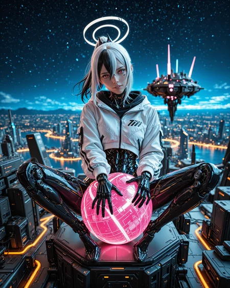 masterpiece, best quality, good quality, very aesthetic, absurdres, newest, 8K, film grain, photorealistic, neon glow, (floating island, starry sky:0.9), angular, sleek, scenery, futuristic, science fiction, cyberpunk, aidmaFLuxPro1.1, aidmaImageUpgrader BREAK young 1girl, [(kayoko_\(blue_archive\):0.99):(kayoko_\(blue_archive\):0.6):0.5], cyborg, robot girl, mechanical body, open cropped jacket, white jacket, parted lips, (light smile:0.7), white halo, head tilt, (sitting:0.4), (holding ball:0.7), (dynamic pose:1.0), barcode tattoo, streaked hair, white hair, black ponytail, (horns:0.9), hair between eyes, red eyes, white pupils, glamour <lora:aidmaFLuxPro1.1-IL-v0.3:0.3> <lora:- iLL - the_edgy_mech_V3.0:0.4> <lora:aidmaImageUpgrader-v0.3-IL:0.3> <lora:aidmaMJ6.1_v0.5_IL:0.15> <lora:Mechanism-Illustious:0.4> <lora:RealisticIL-000001:0.1>