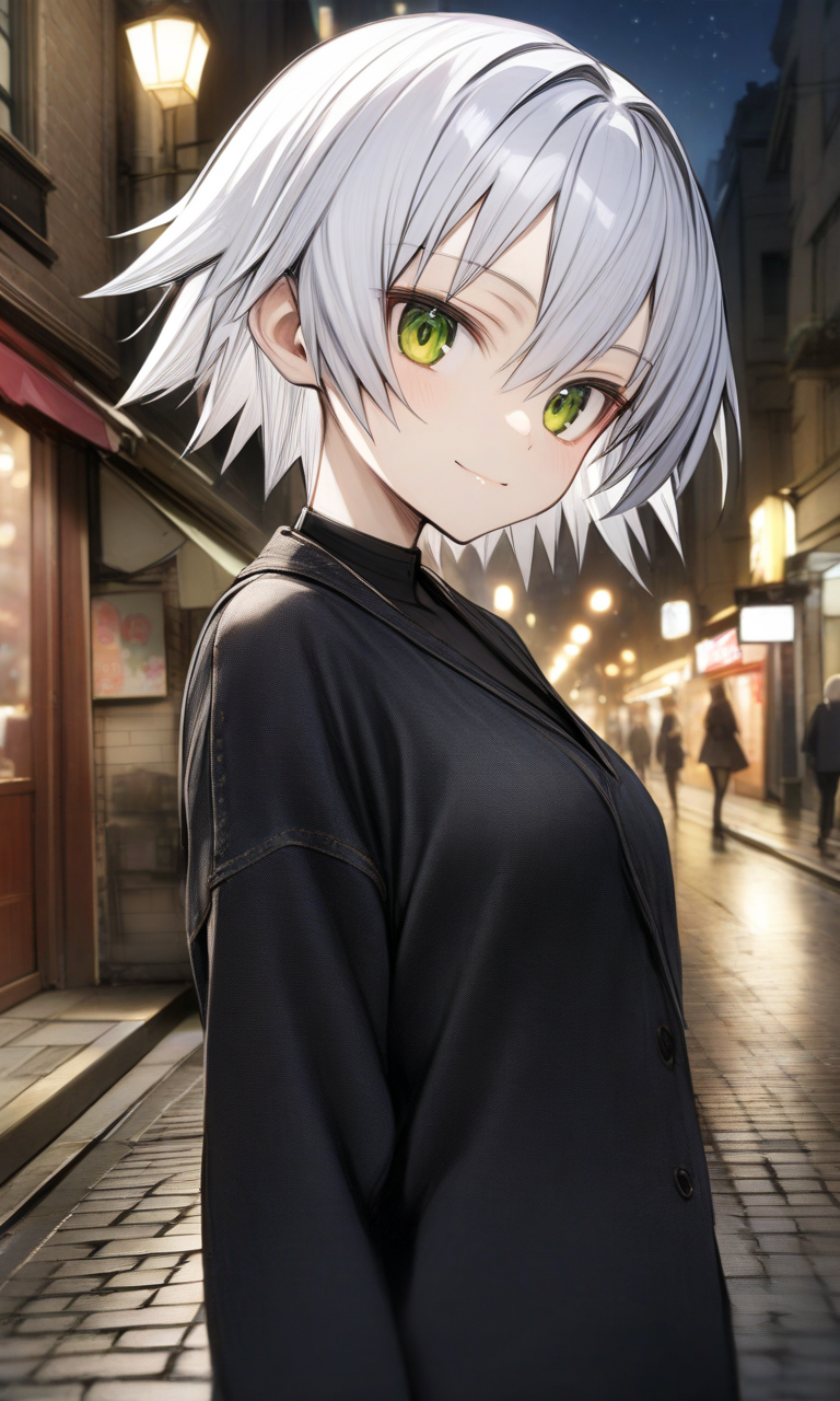 solo, 1girl, jack the ripper \(fate/apocrypha\), 
standing, looking at viewer, light smile, upper body, 
outdoors, street, night, 
masterpiece, best quality, very aesthetic, absurdres, nyatabe, 
<lora:Nyatabe_XL:1>