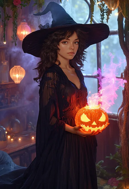 An enchanting illustration of a beautiful witch woman standing in a whimsical, enchanted scene, blending elements of sparklecore, pastelcore, and cottagecore. She wears a classic black dress that sharply contrasts with the soft pastel surroundings. Her long, curly, wavy hair flows beneath a wide-brimmed black hat, adding a sense of mystery to her ethereal beauty. Smoke gently curls from her mouth, but instead of being dark and eerie, it shimmers with pastel hues, sparkling in the soft, magical light. The setting is adorned with delicate pastel flowers, twinkling lights, and cozy cottage-like details, perfectly blending magic with serenity. She holds a sparkly, neon jack-o-lantern, symbolizing a playful touch of Halloween magic, while her presence radiates comfort and enchantment, as both a protector of nature’s beauty and a skilled master of witchcraft.