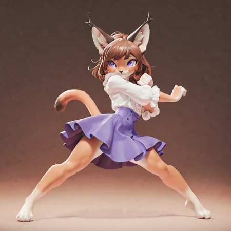 1girl, furry, anthro, feline, solo, cat girl, caracal cat, cat nose, brown hair, bob cut, hair flaps, wavy hair, purple eyes, megafluffy, petite, anthro, female, full body, fluffy3D <lora:spo_sdxl_10ep_4k-data_lora_webui:0.9> <lora:illustrious_quality_modifiers_masterpieces_v1:0.9> masterpiece, best quality, very aesthetic
<lora:fluffy3D:1> spread legs, posing, pose, attack, skirt, blouse