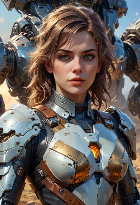 daniel gerhartz and artgerm portrait digital rococo painting of a beautiful serious woman wearing a mecha suit, war torn battlefield in the background, glinting sunlight, unreal engine, hyper realism, realistic shading, cinematic composition, blender render, octane render, hdr, detailed textures, photorealistic, wide portrait shot, 3 5 mm film <lora:add-detail-xl:0.7>, <lora:xl_more_art-full_v1:0.7>