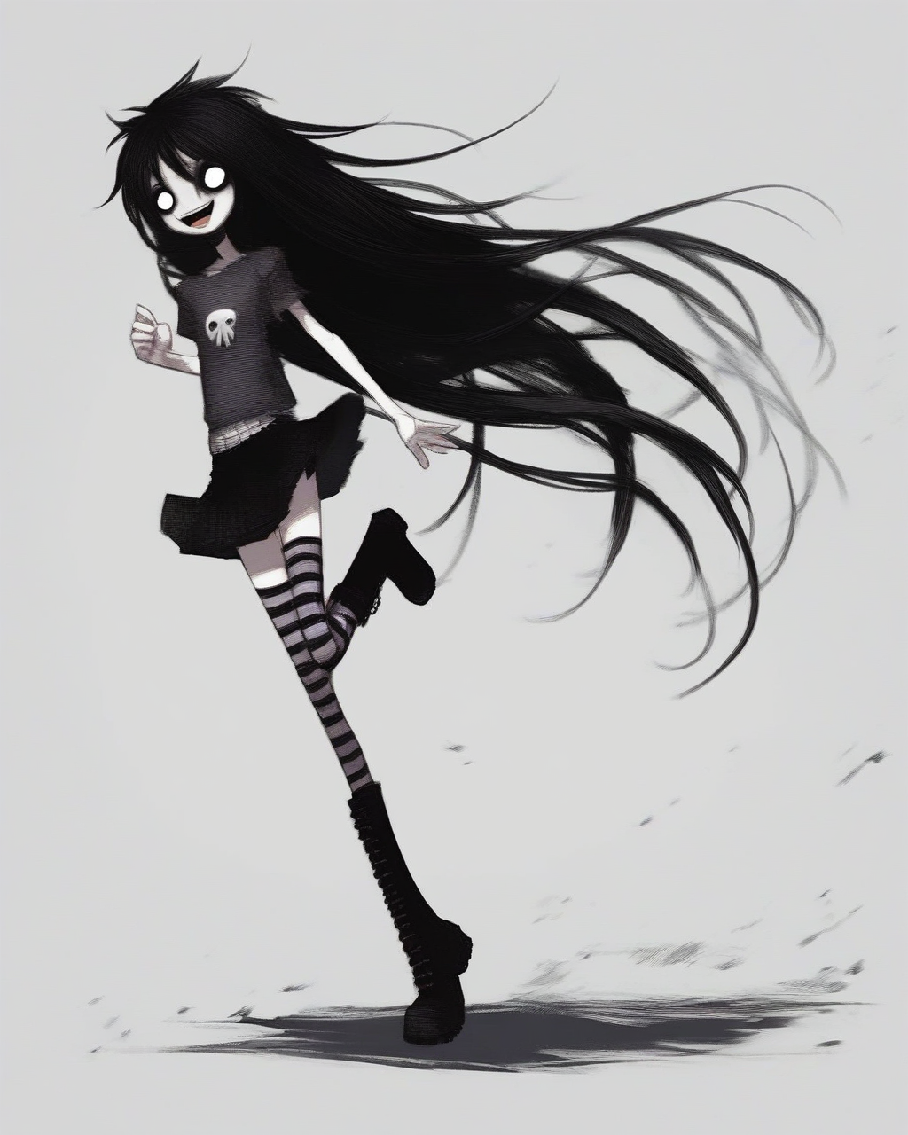 score_9, score_8_up, score_7_up, score_6_up, score_5_up, score_4_up, 2000s emo, solo, long hair, humanoid, female, black hair, smile, solo, clothing, skirt, 1girl, :3, full body, striped clothing, hair, standing, boots, mammal, striped thighhighs, simple background, open mouth, o_o, standing on one leg <lora:ponydiffusionv6_2000s_emov2:1>