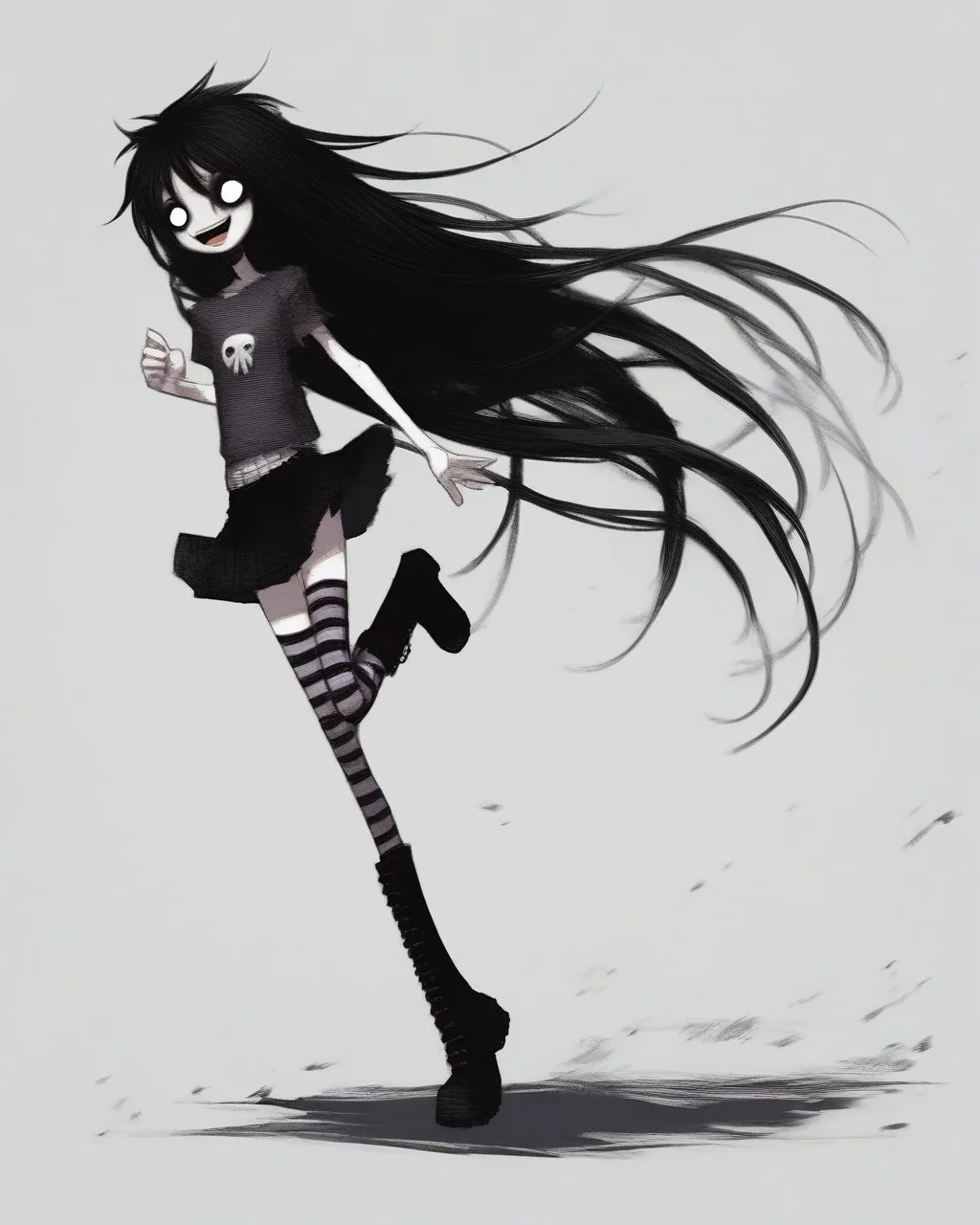 score_9, score_8_up, score_7_up, score_6_up, score_5_up, score_4_up, 2000s emo, solo, long hair, humanoid, female, black hair, smile, solo, clothing, skirt, 1girl, :3, full body, striped clothing, hair, standing, boots, mammal, striped thighhighs, simple background, open mouth, o_o, standing on one leg <lora:ponydiffusionv6_2000s_emov2:1>