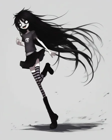 score_9, score_8_up, score_7_up, score_6_up, score_5_up, score_4_up, 2000s emo, solo, long hair, humanoid, female, black hair, smile, solo, clothing, skirt, 1girl, :3, full body, striped clothing, hair, standing, boots, mammal, striped thighhighs, simple background, open mouth, o_o, standing on one leg <lora:ponydiffusionv6_2000s_emov2:1>